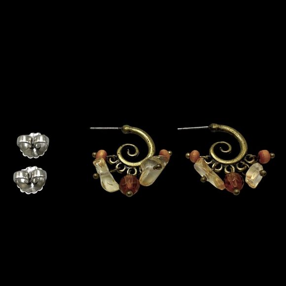 Lia Sophia Earrings Mantra Spiral Hoops Dangle Bead Antiqued Gold Tone Retired - Picture 4 of 7